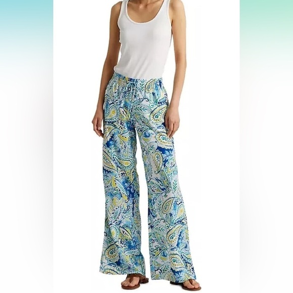 LAUREN RALPH LAUREN Medium Paisley Crepe Wide-Leg Pants Blue Multi yellow flowy - Picture 8 of 8
